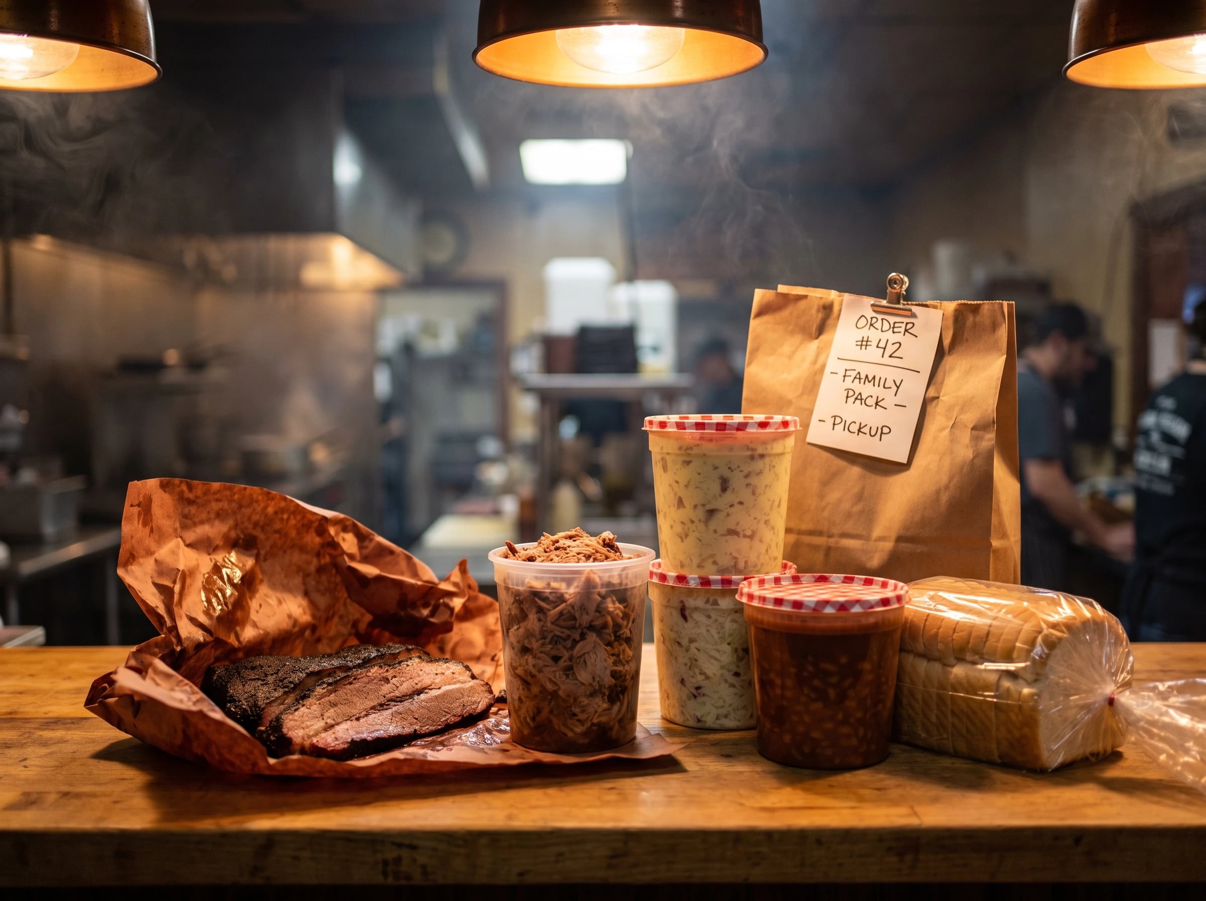 A family pack of brisket, pulled pork and sides ready for pickup