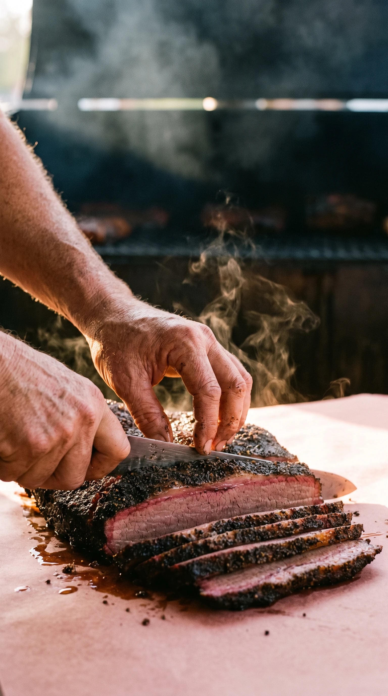 A pitmaster slicing a whole smoked brisket on butcher paper