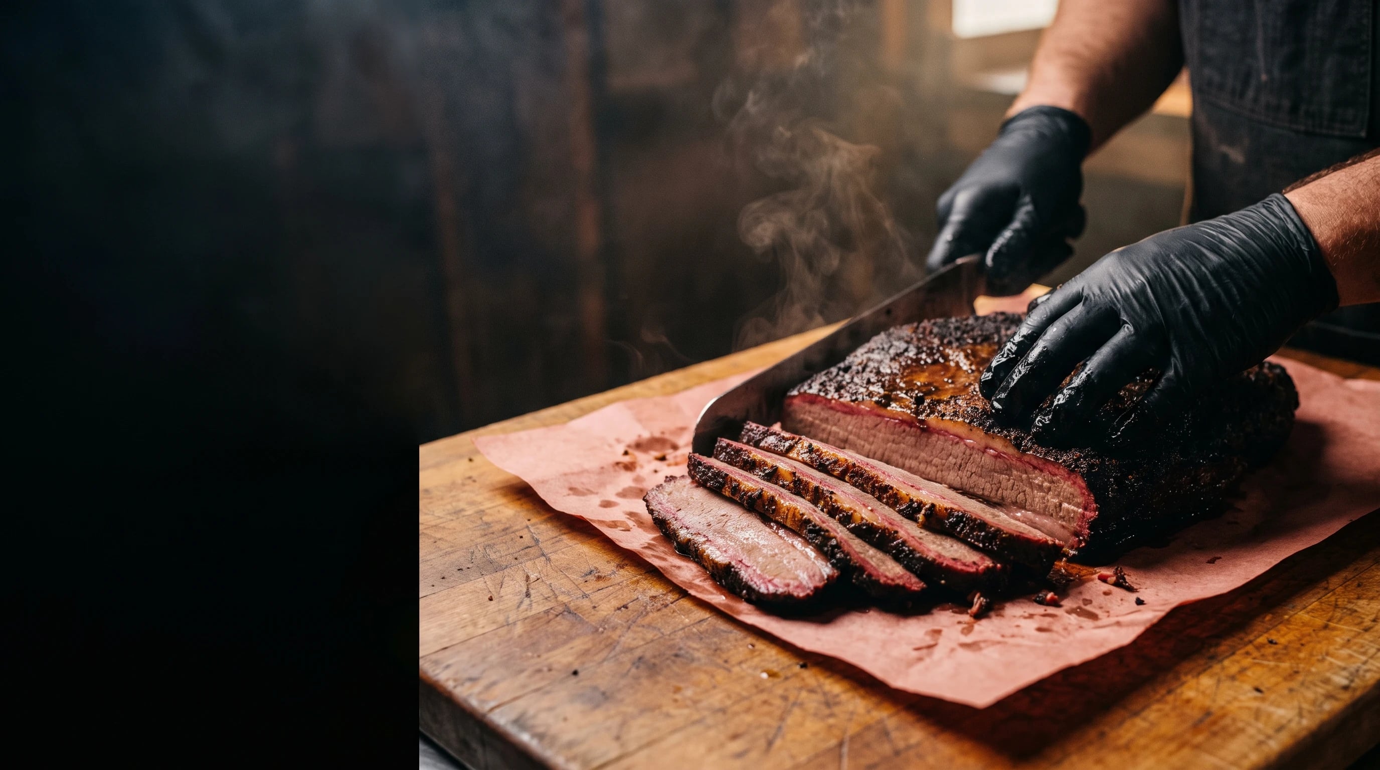 A pitmaster slicing a whole smoked brisket on butcher paper