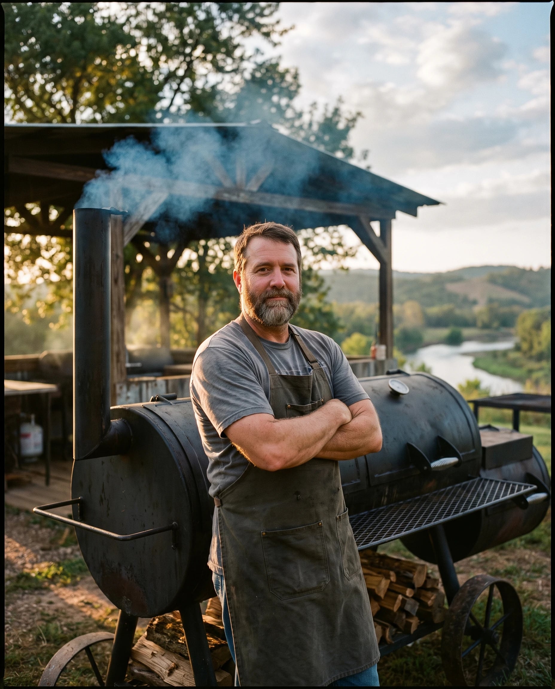 The pitmaster beside the smoker at dawn