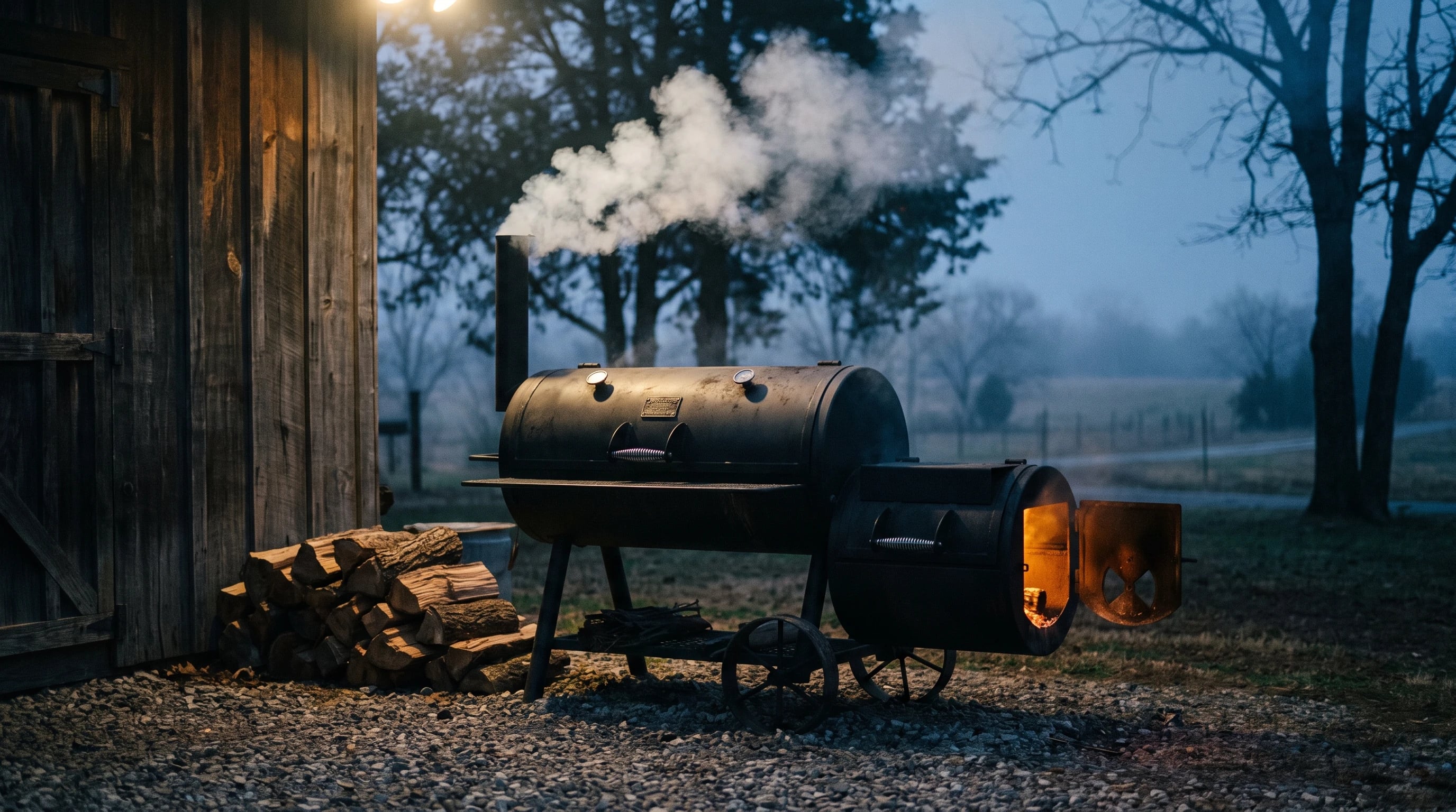 The offset smoker rolling smoke at dawn behind the restaurant