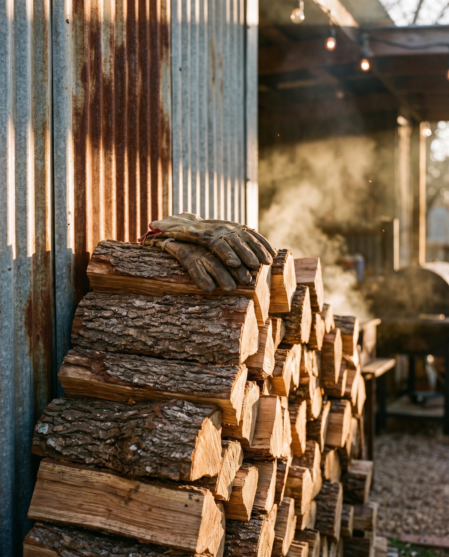 Split post oak stacked against a tin wall