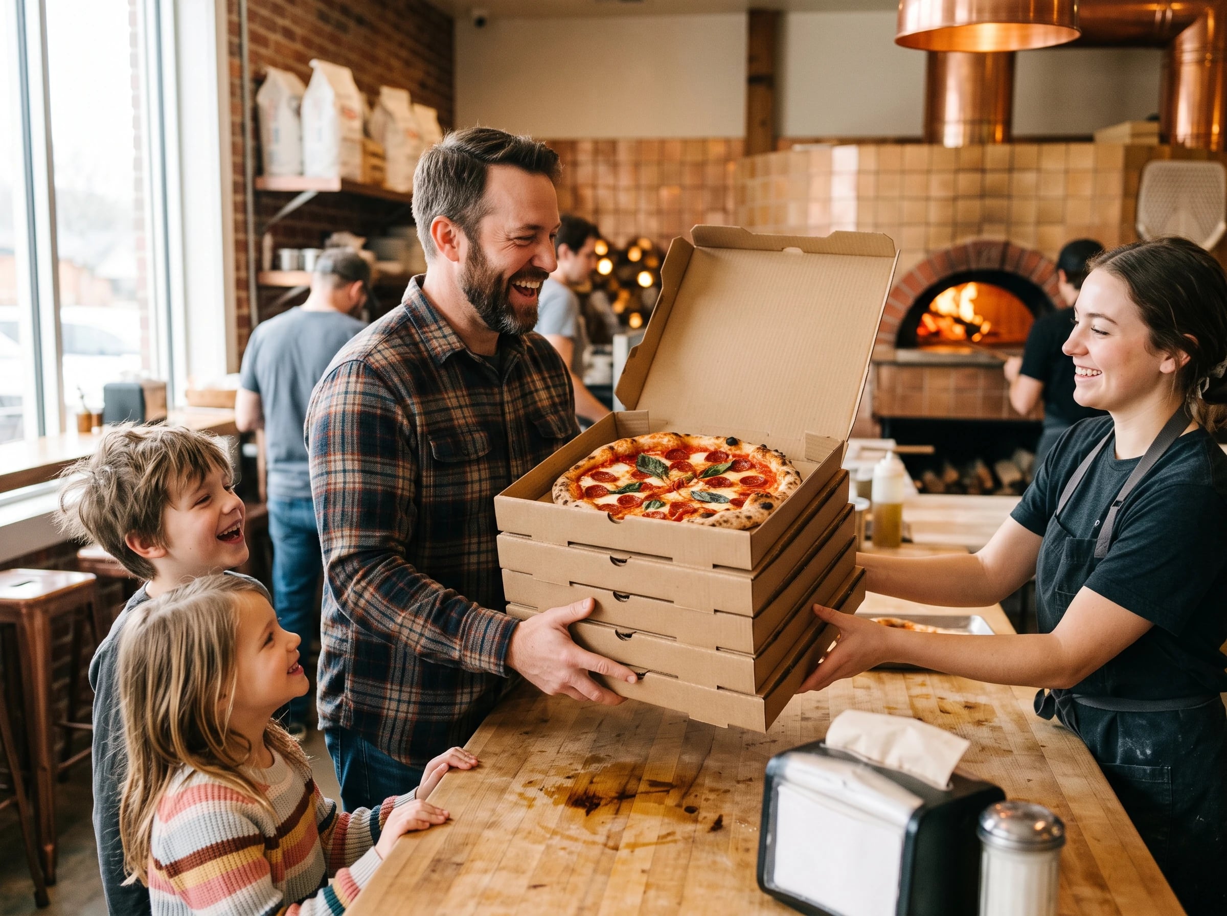 A stack of pizza boxes handed across the counter