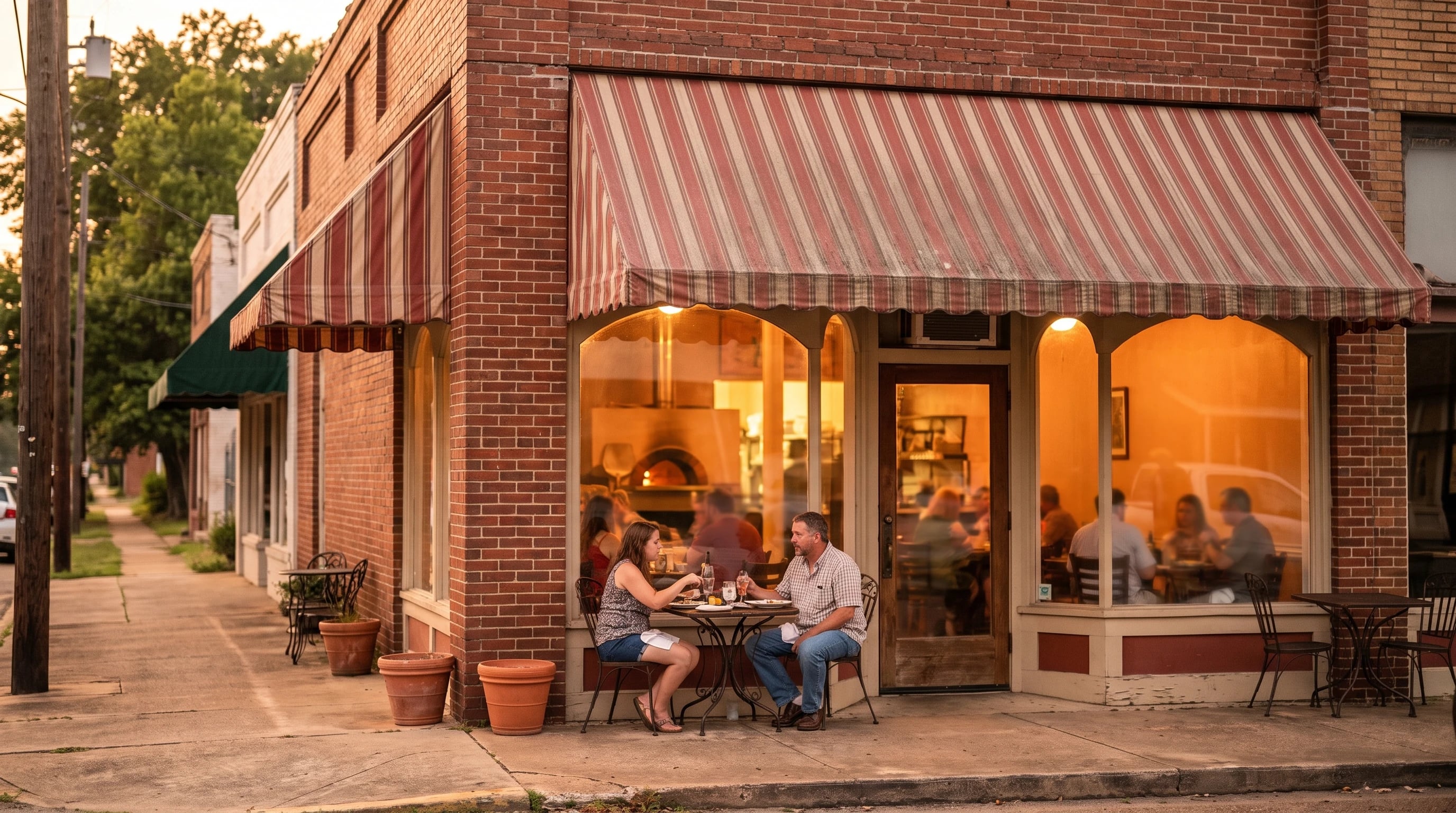 The corner storefront glowing at golden hour