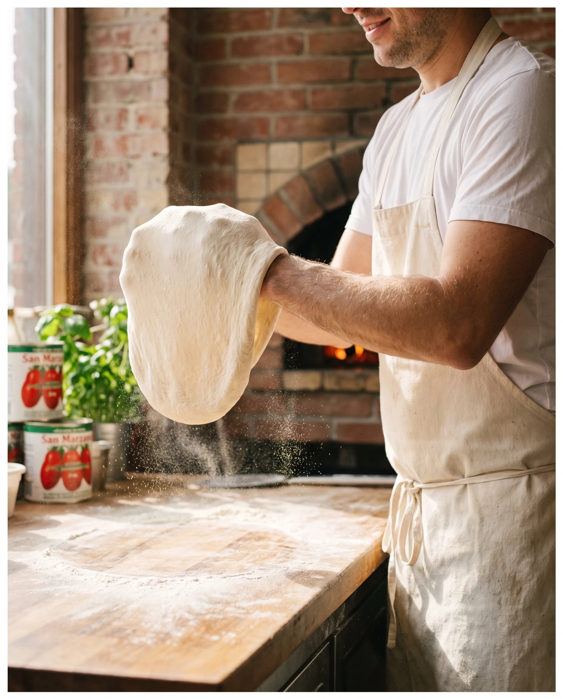 The pizzaiolo stretching dough by hand in morning light