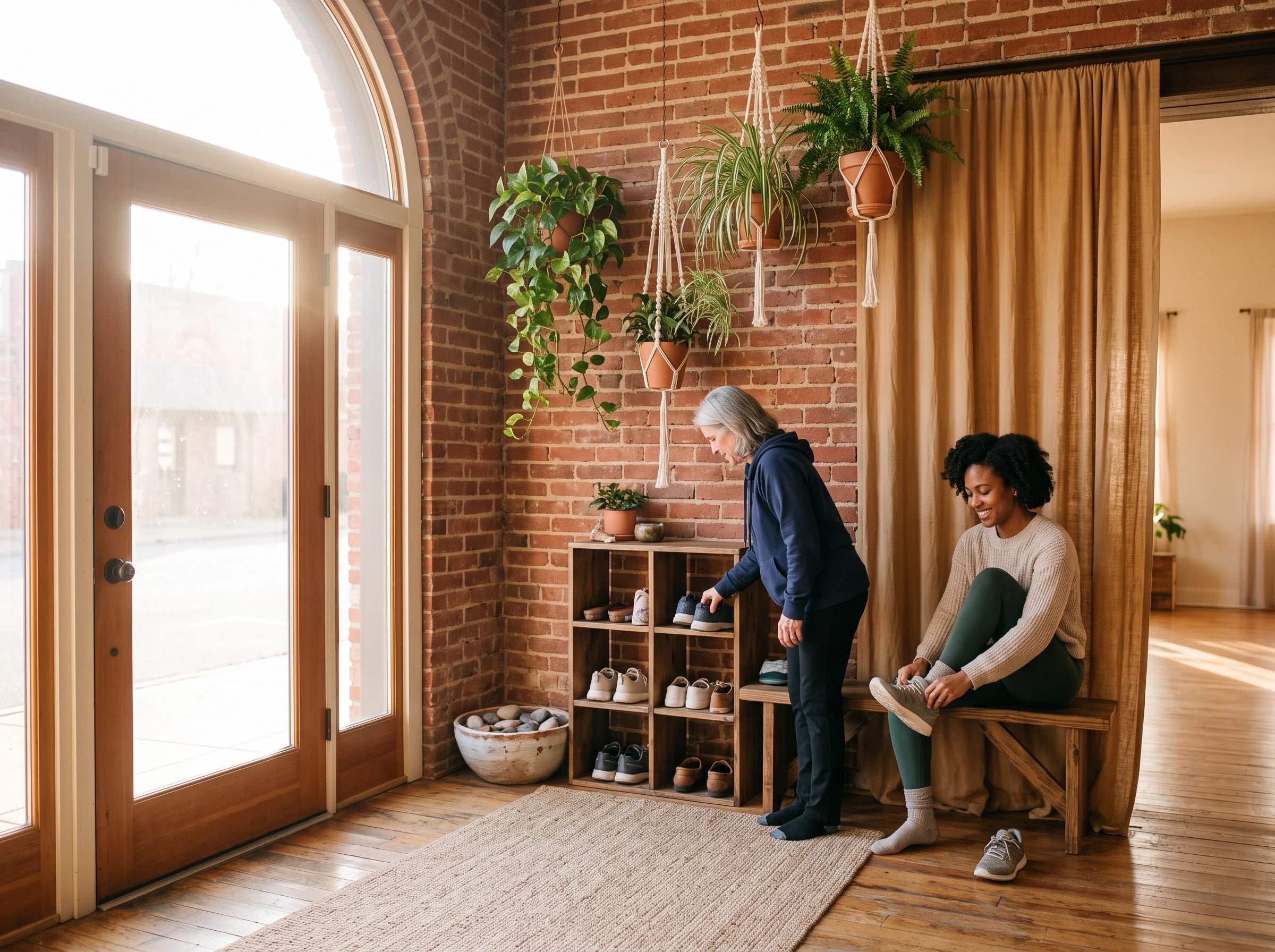 The studio entry with a bench, cubbies and hanging plants