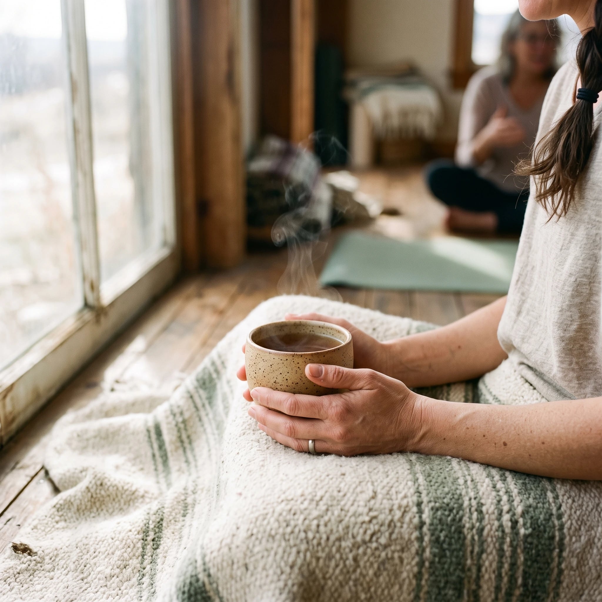 Hands holding a cup of tea after class