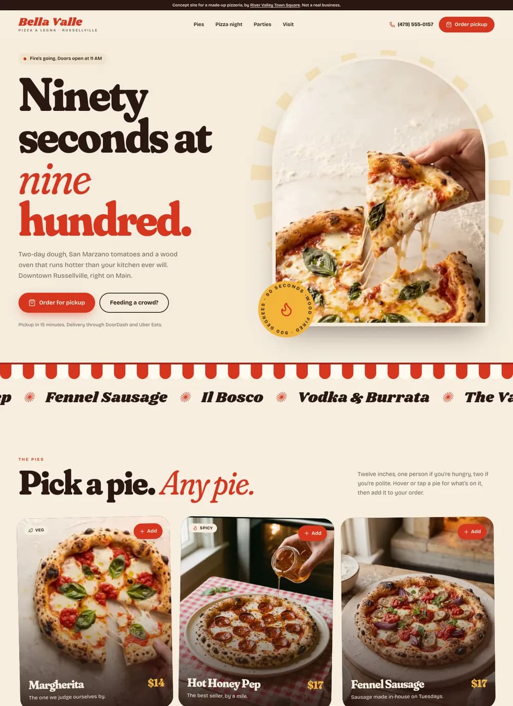 Concept homepage for a made-up pizza
