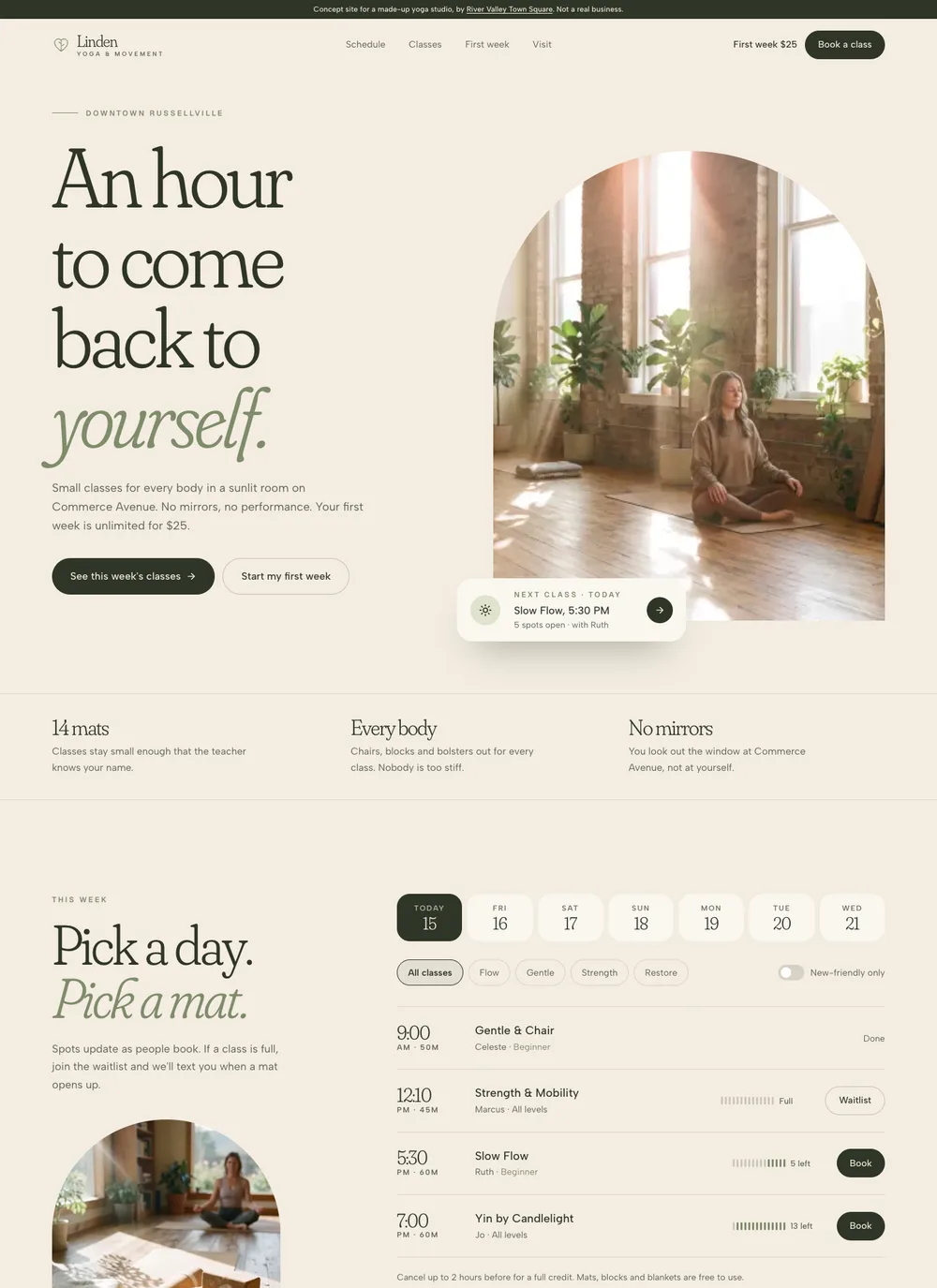 Concept homepage for a made-up yoga studio