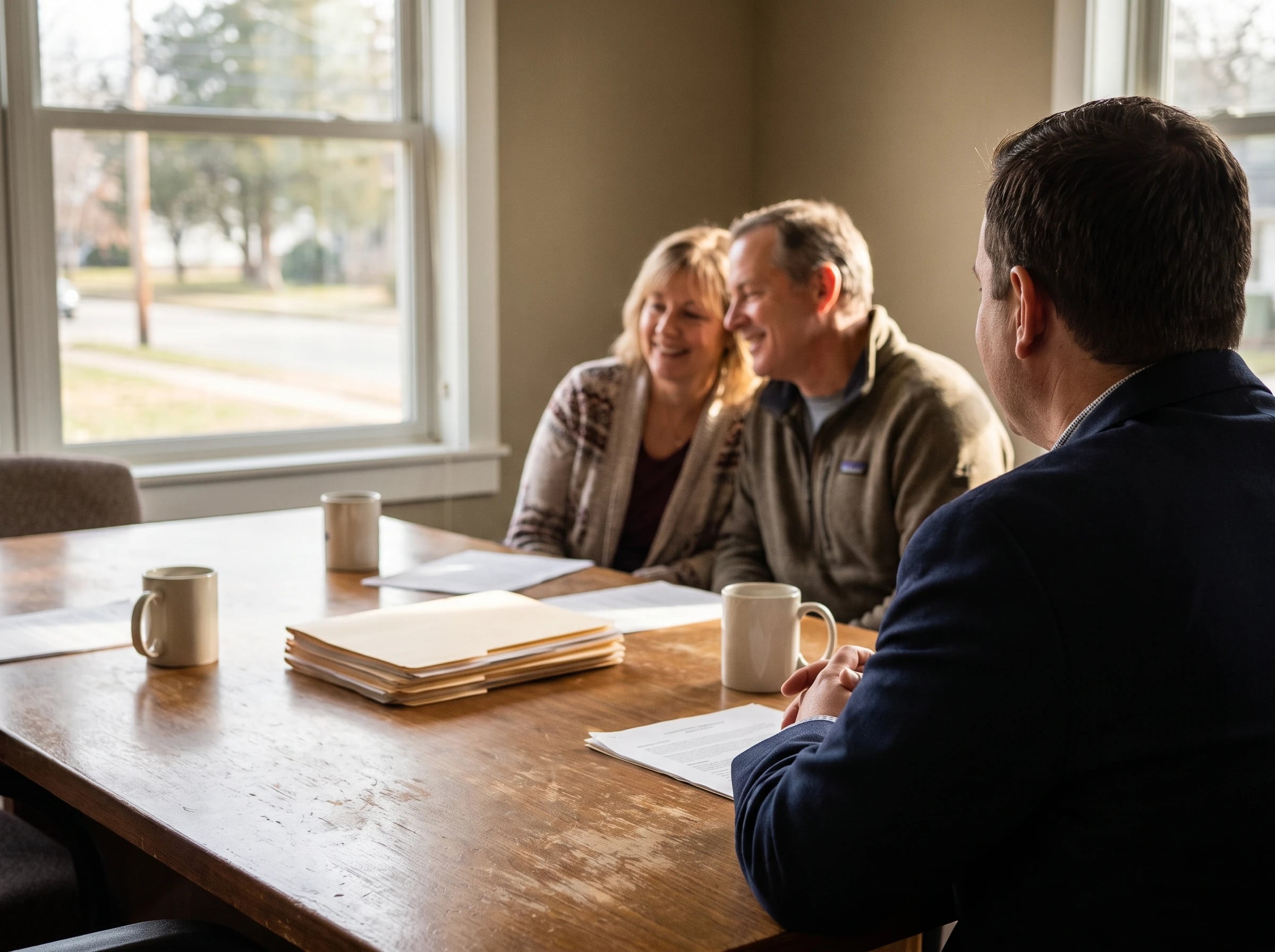 An attorney talking with a couple across a table