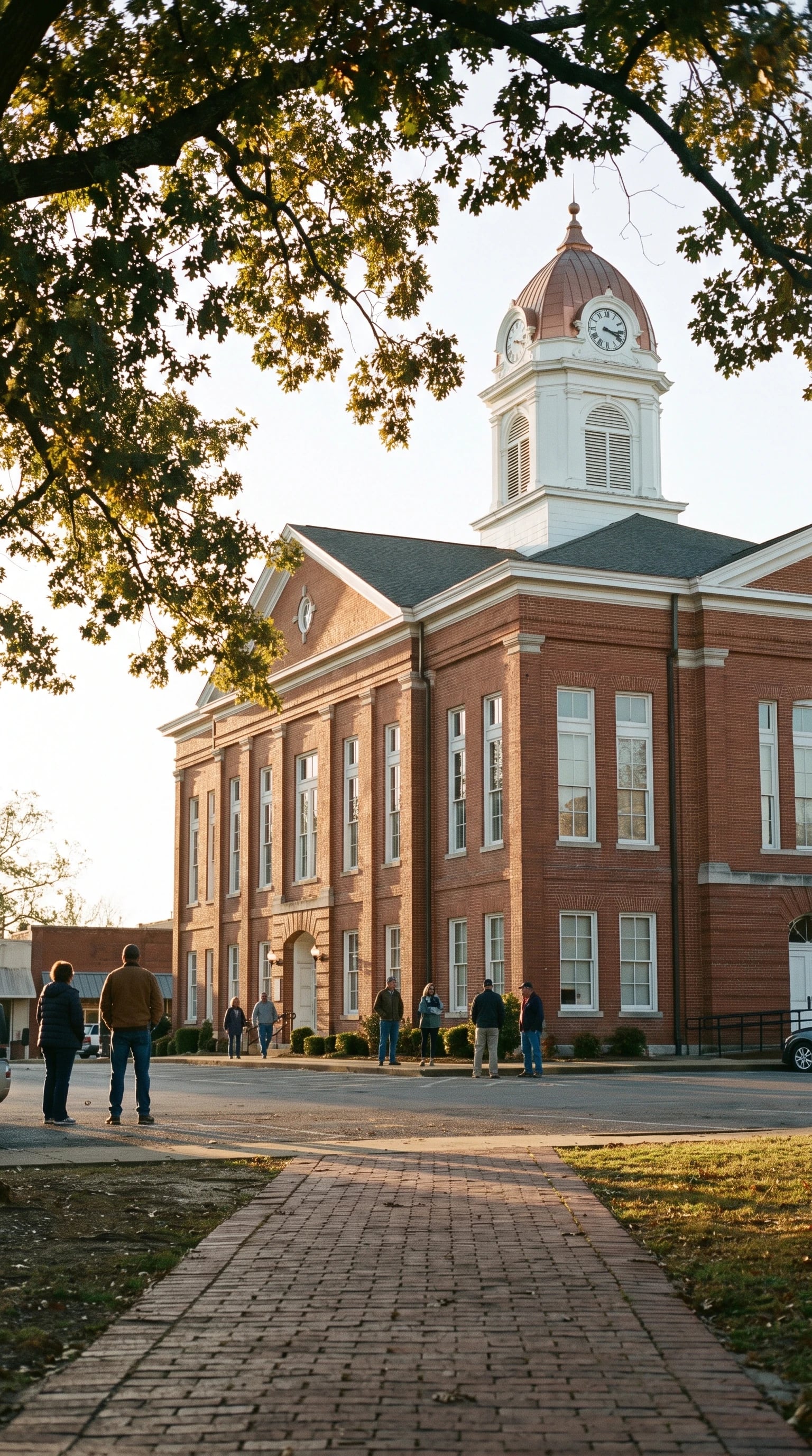 A historic brick courthouse on a small-town square in morning light