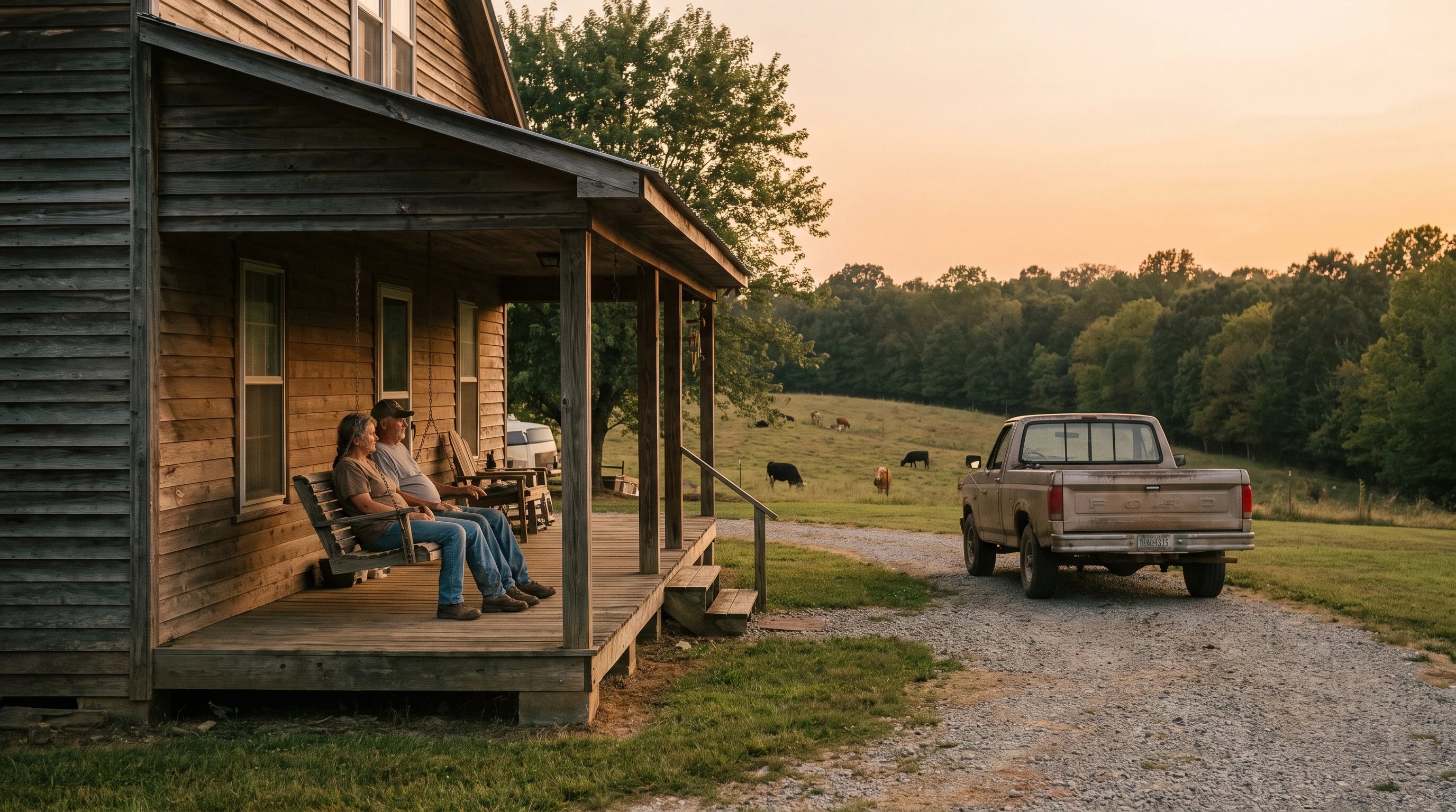A farmhouse porch at golden hour
