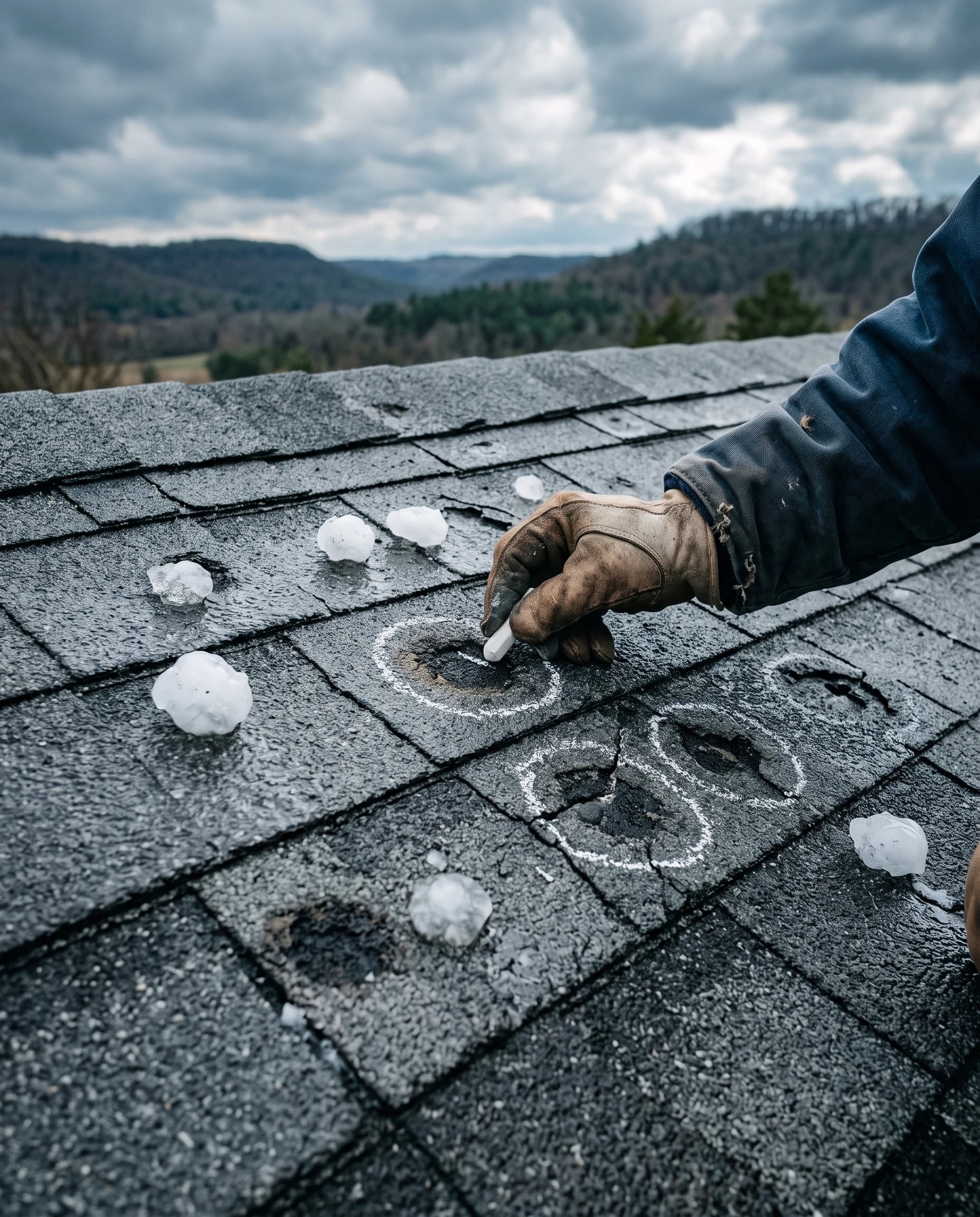 Hail bruises circled in chalk on gray shingles