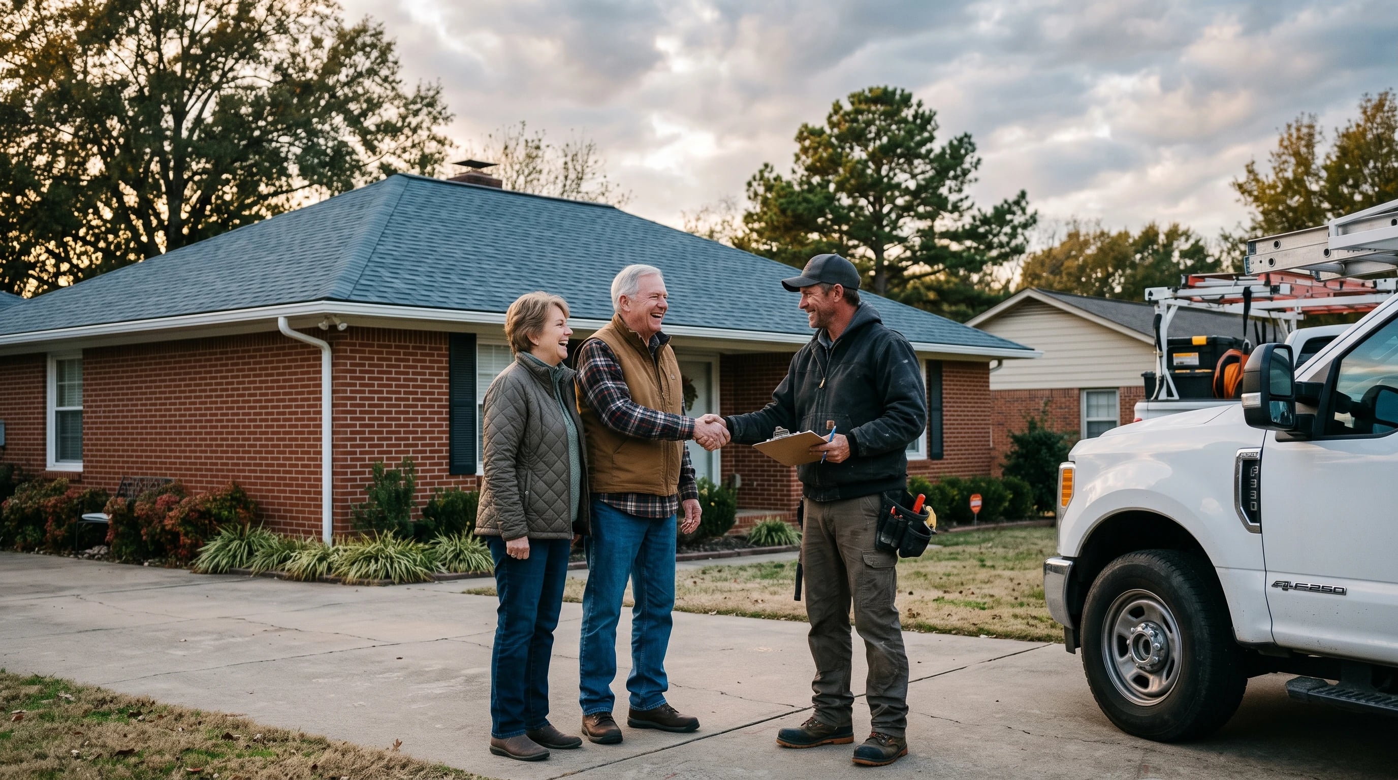 A homeowner couple shaking hands with the roofer in their driveway