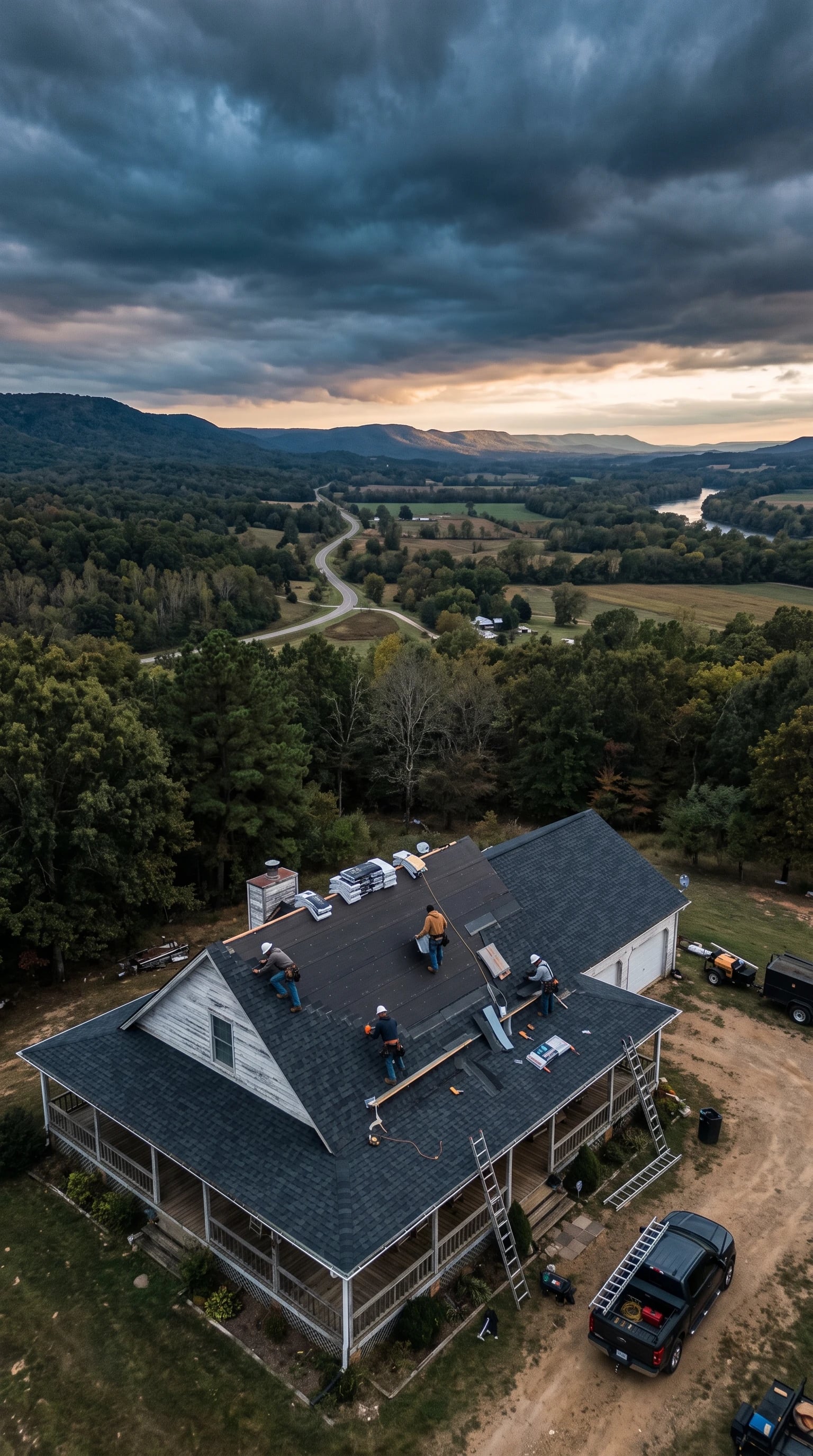 A roofing crew finishing a new shingle roof on a River Valley farmhouse