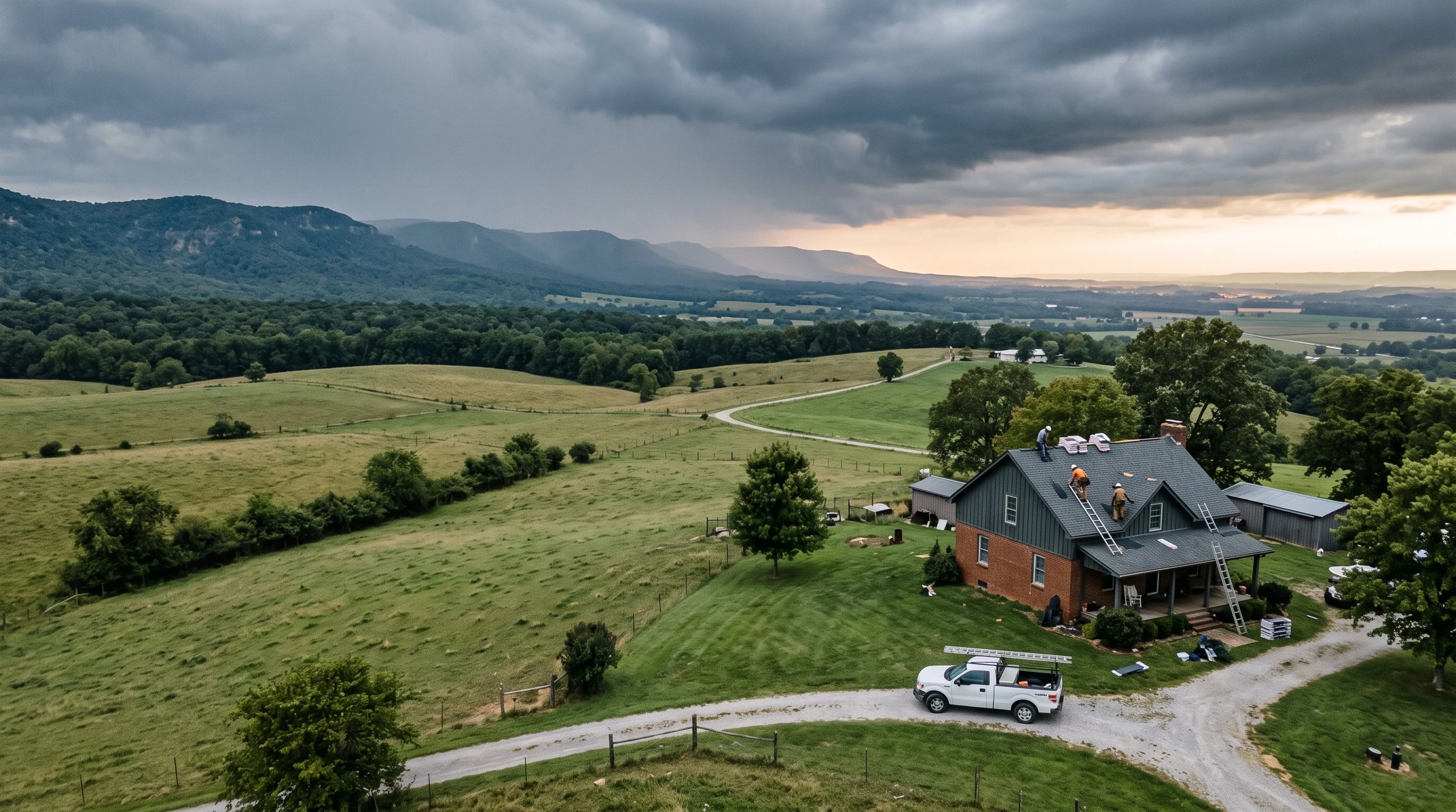 A roofing crew finishing a new shingle roof on a River Valley farmhouse, foothills behind