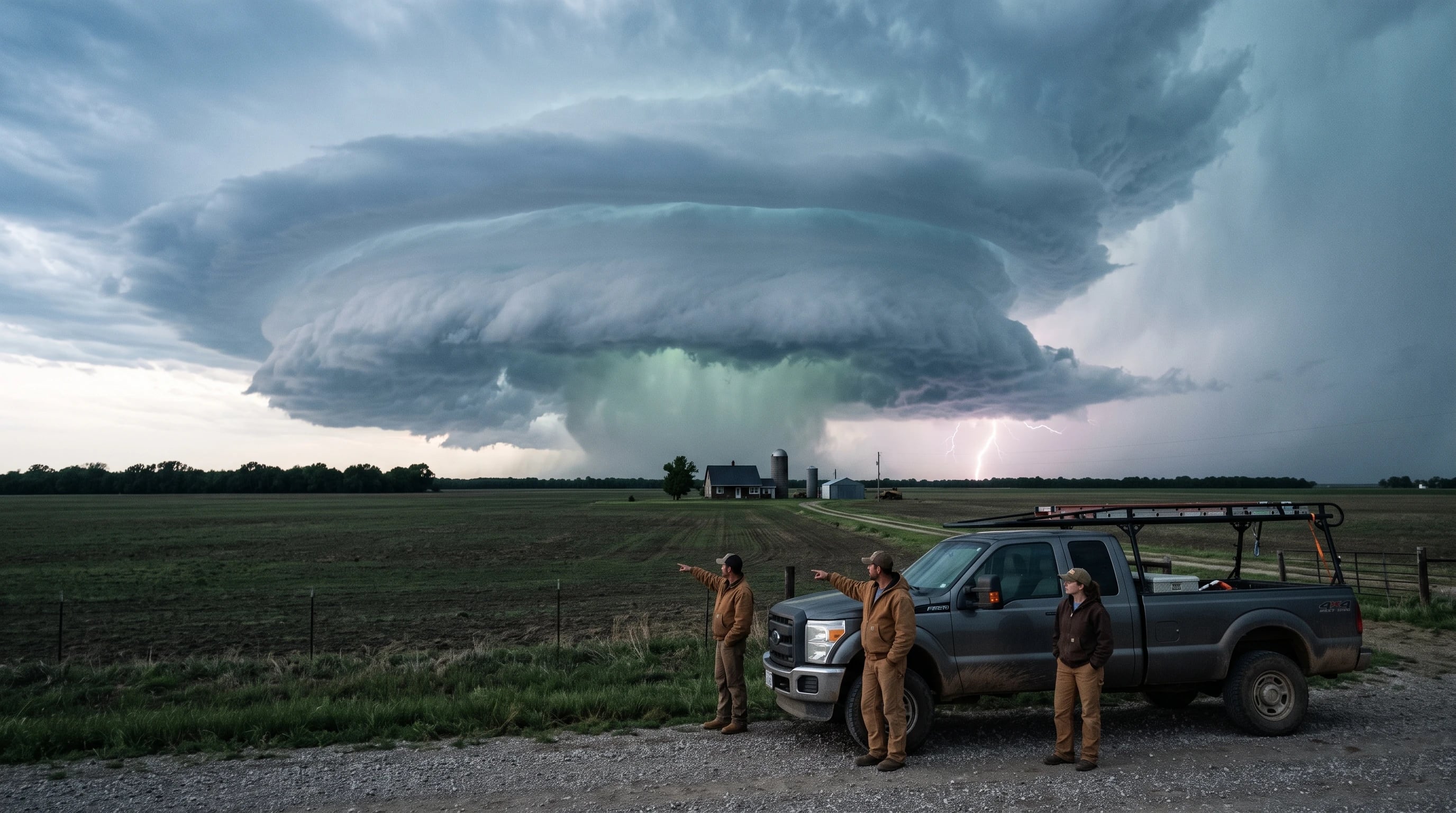 A supercell thunderstorm over River Valley farmland