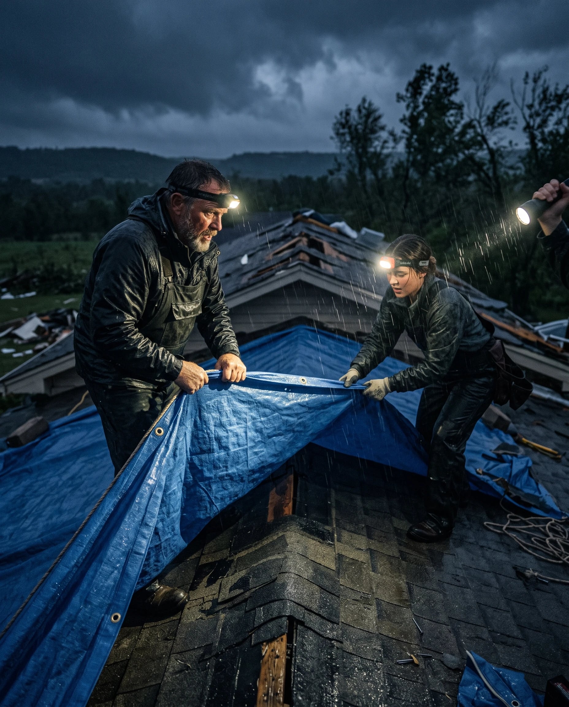 Two roofers tarping a storm-damaged roof at night in the rain