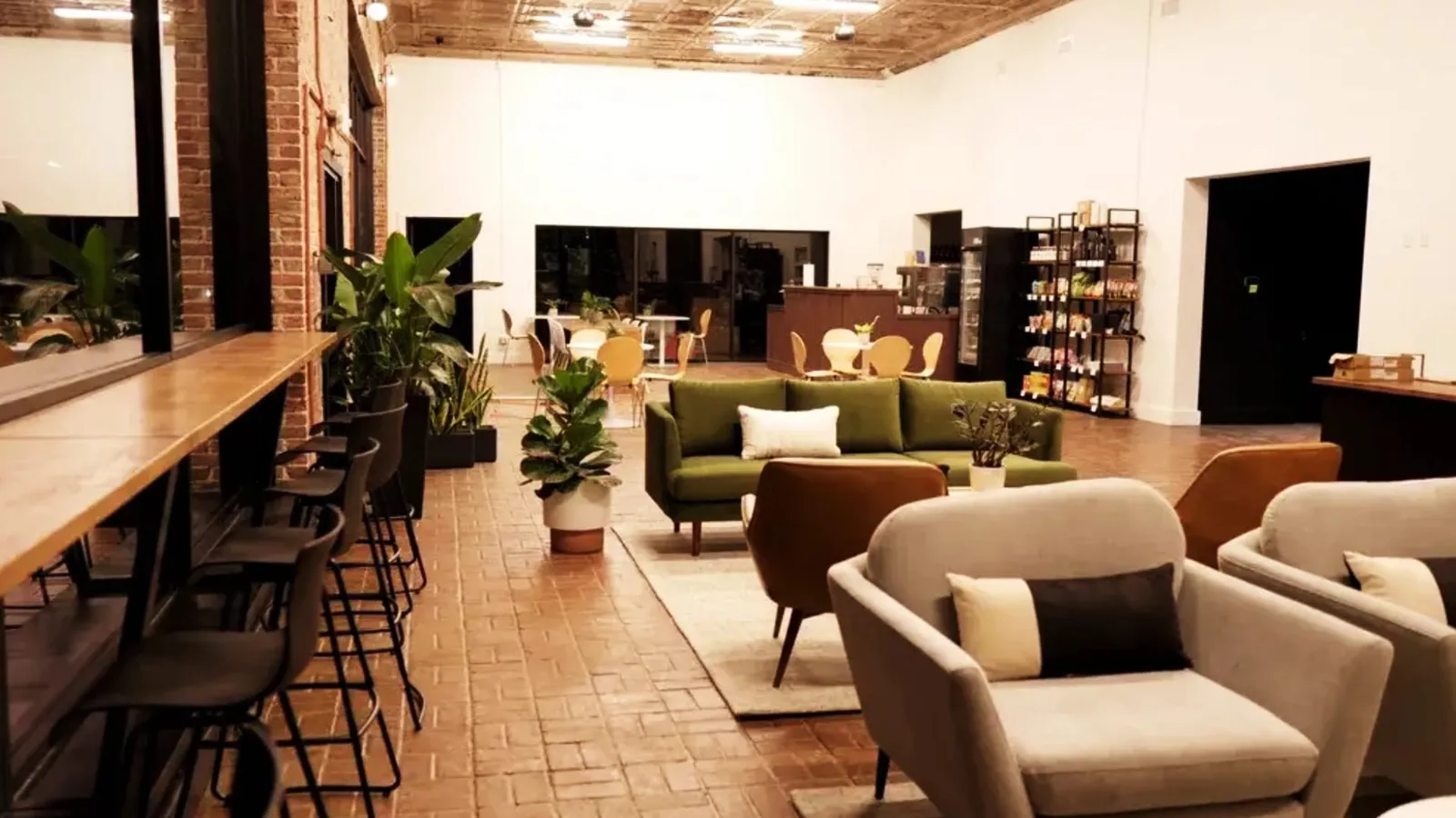The lounge at the Co-Create Innovation Hub, with couches and a long work counter